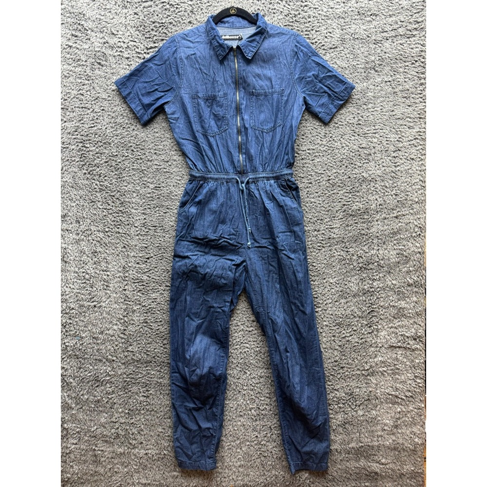 Dollhouse Short‎ Sleeve Drawstring Waist Denim Jumpsuit Blue Womens Size M
